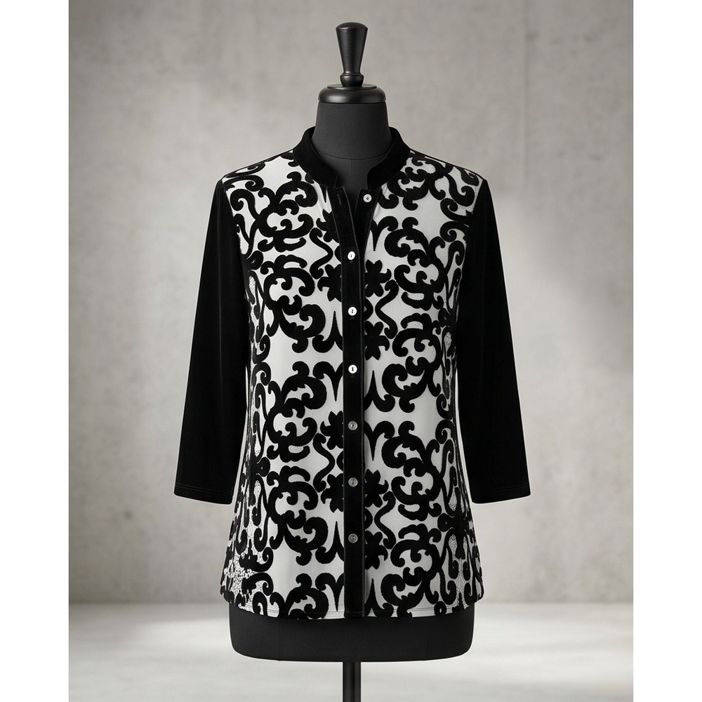 Chicos Travelers 1 Velvet Damask Button Front Top Black White Med Silk Blend